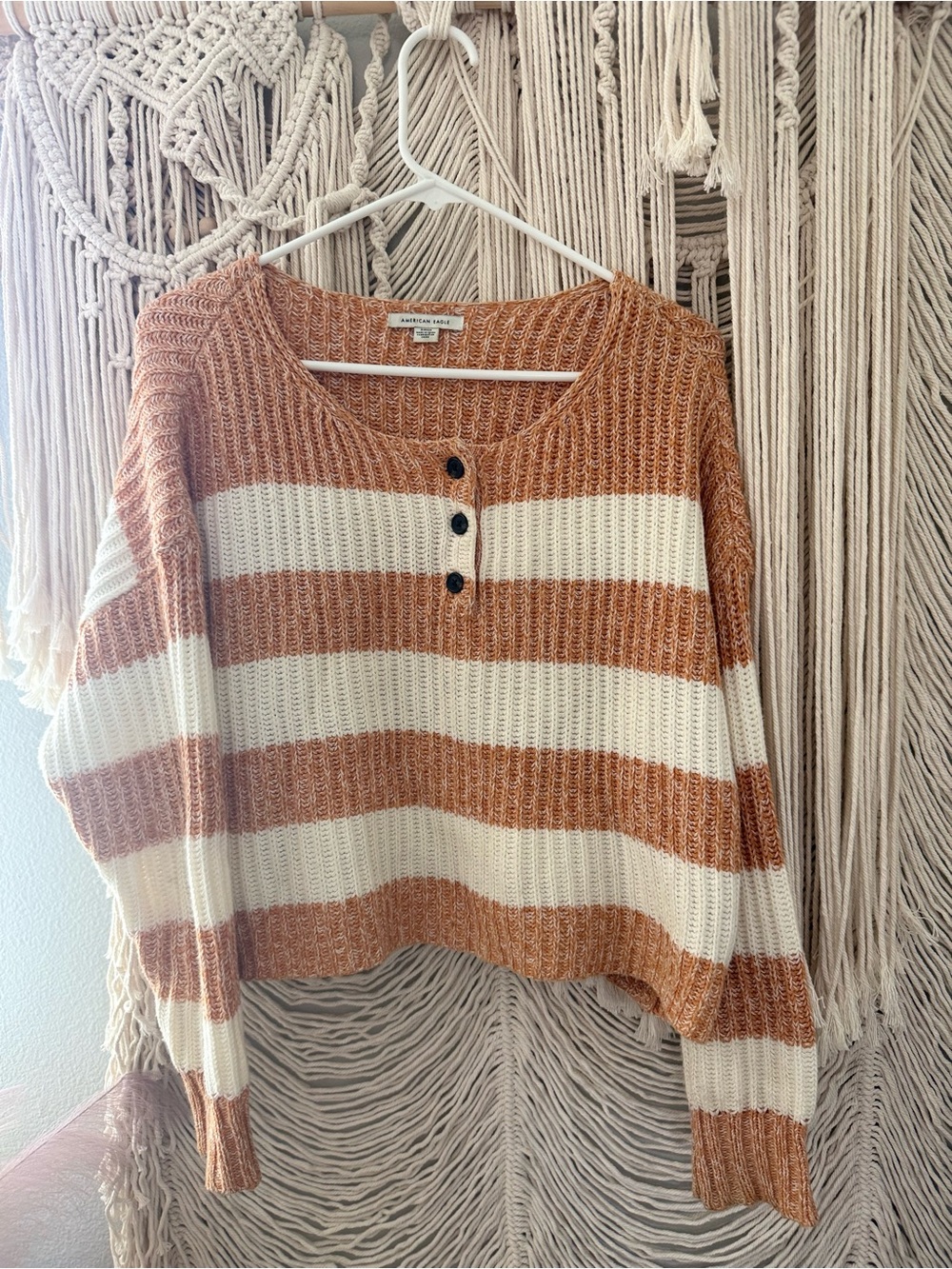 American Eagle Outfitters Striped Henley Sweater in Rust and Cream